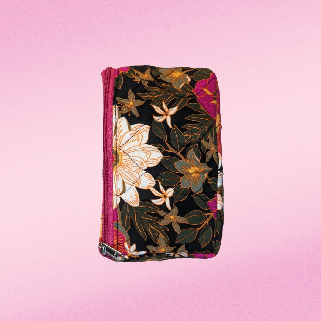 Pink Floral on Black Rectangle Pouch