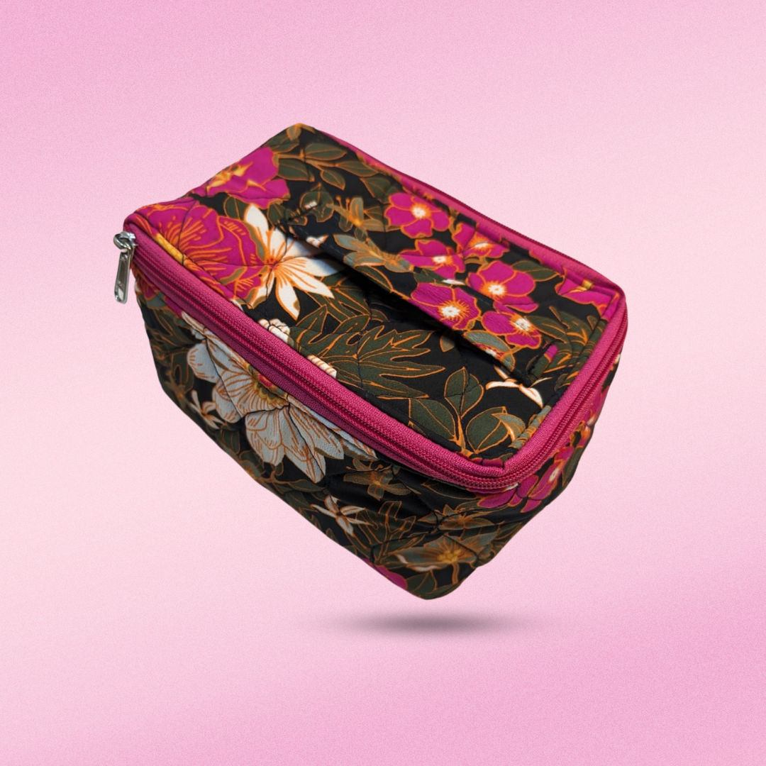 Pink Floral on Black Rectangle Pouch